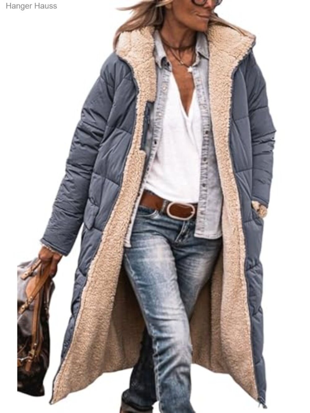 Women's Long Quilted Sherpa Fleece Winter Puffer Coat with Hood